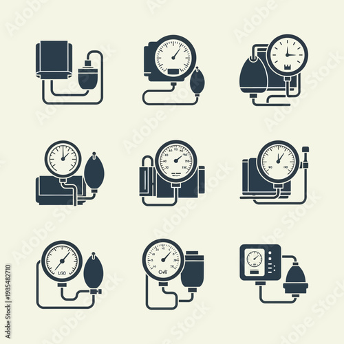 Medical Equipment Icons Set Blood Pressure Monitor ECG Thermometer Vector Illustration