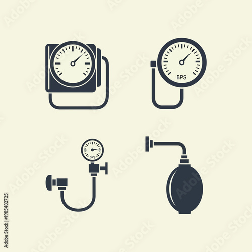 Medical Equipment Icons Set Blood Pressure Monitor ECG Thermometer Vector Illustration