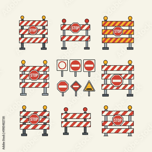 Road Construction Barriers Stop Signs Traffic Safety Icons Set Vector Illustration