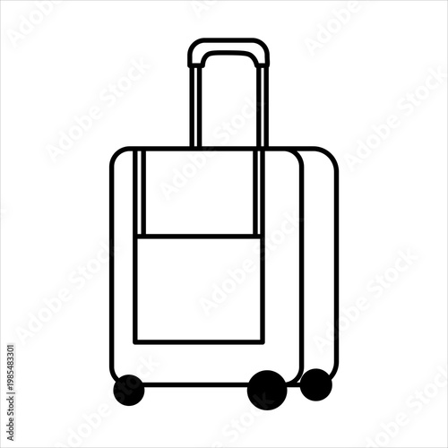 A simple black and white line drawing of a wheeled suitcase with a retractable handle, ready for travel.