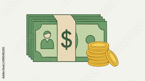 Stack of dollar banknotes and gold coins symbolizing wealth and finance