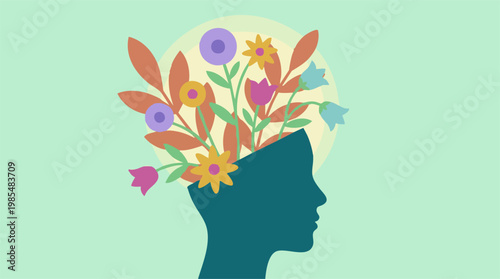 Abstract illustration of blooming flowers in a human head silhouette
