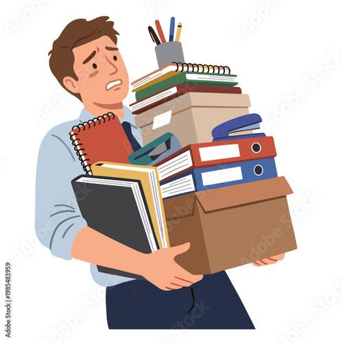 Man carrying a large stack of books and office supplies with a stressed expression in an office setting.