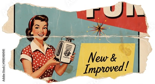 Happy 1950s housewife holding a new vacuum cleaner in retro kitchen setting apron