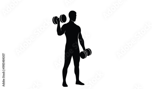 A striking black silhouette depicts a muscular man lifting dumbbells in a fitness setting emphasizing physical strength and exercise silhouette high quality professional detailed