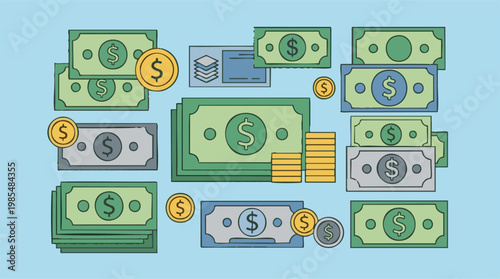 Dollar banknotes and coins illustration, diverse financial wealth concept