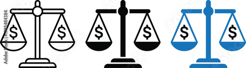 Scales of justice with dollar signs on pans, representing financial balance, legal equality, and economic fairness.