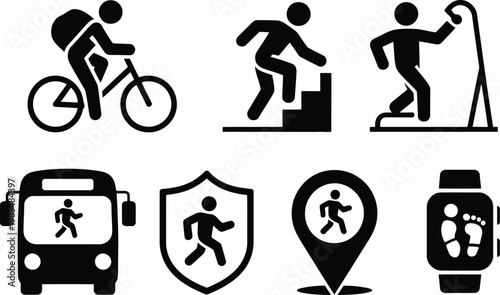 Black silhouette icons representing various modes of transportation and activity