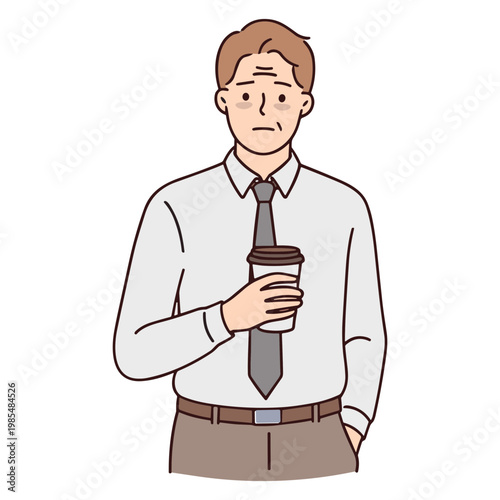 A man in a white shirt and tie holds a coffee cup standing