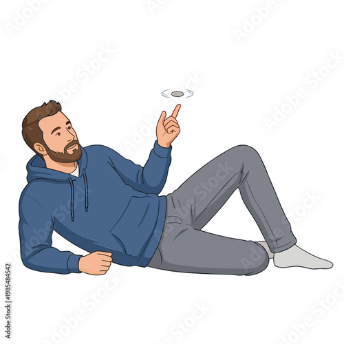 Man lying on ground catching hovering coin with right hand