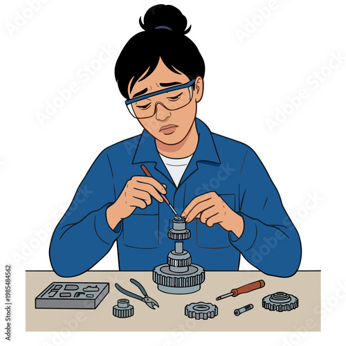 A woman in a workshop is assembling mechanical parts with tools.