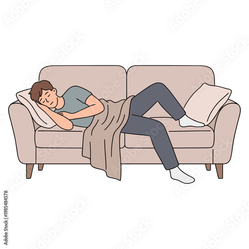 A man lies on a beige couch with a pillow and blanket sleeping.