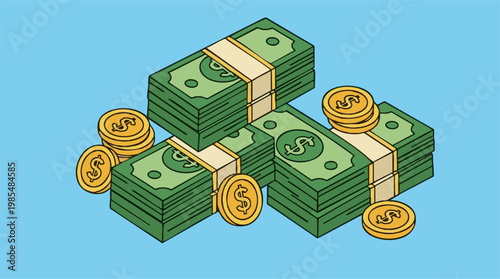 Money stacks and coins isometric illustration on blue background