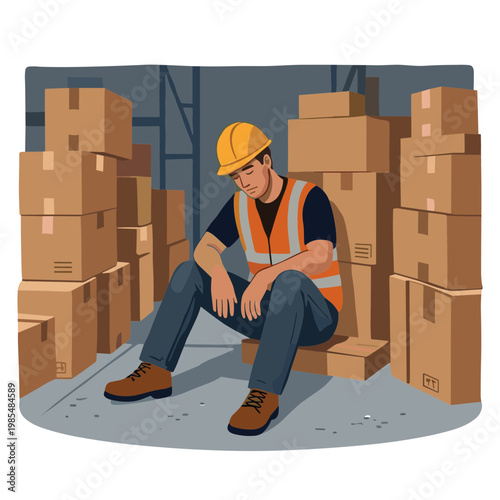 A man sits on boxes in a warehouse feeling sad and tired.