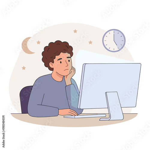 Person sitting at desk working on computer at midnight with clock