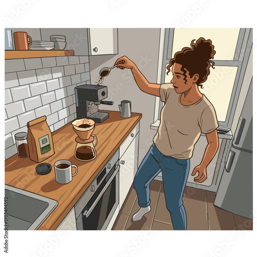 A woman pours coffee beans into a grinder on a kitchen counter.