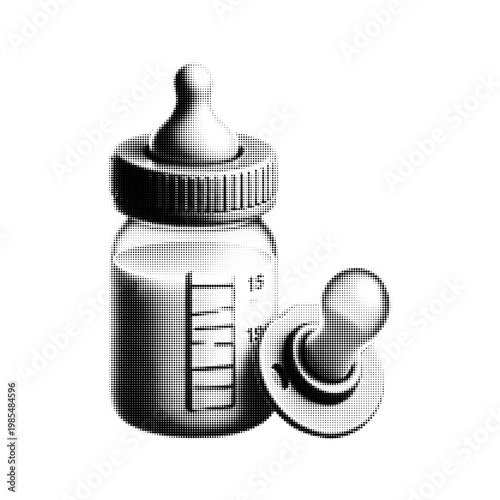 Halftone baby bottle and pacifier icon, dotted black illustration of infant feeding set isolated on white background, minimalist retro style.