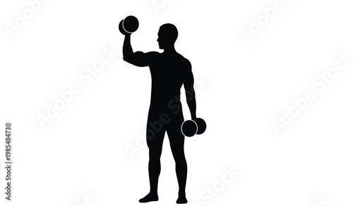 A stark black silhouette of a muscular man lifting dumbbells overhead showcasing strength and fitness silhouette high quality professional detailed modern elegant stylish clean