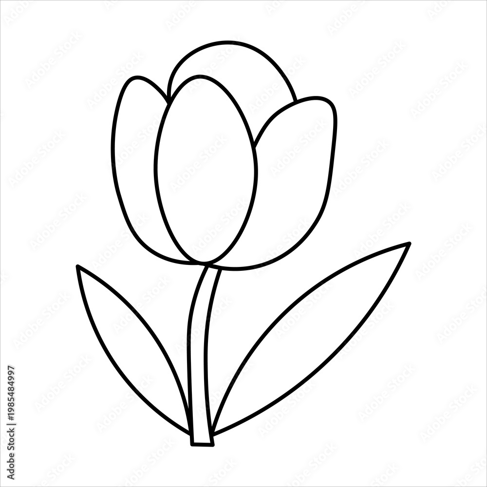 Obraz premium Simple black and white line art drawing of a single tulip flower with a stem and two leaves, perfect for coloring activities.