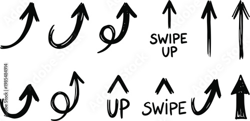 Collection of black hand drawn arrow icons and 'swipe up' text for digital interface elements