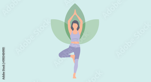 Minimalist illustration of a woman gracefully performing a yoga tree pose, embodying wellness, inner peace, and a connection to natural balance within a serene environment
