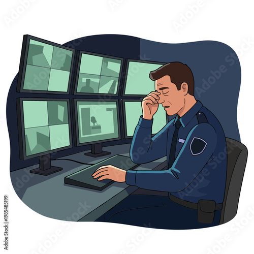 Security guard monitoring multiple screens in a control room environment