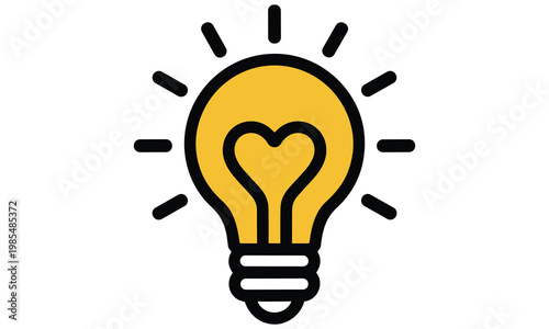 Minimalist yellow light bulb icon with a heart shape inside representing creative passion and love for innovation isolated on white background