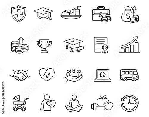 employee benefits and corporate wellness program outline icon set collection