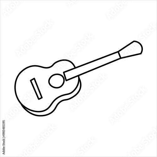 A simple black and white line drawing of an acoustic guitar, a musical instrument with a hollow body and a neck.