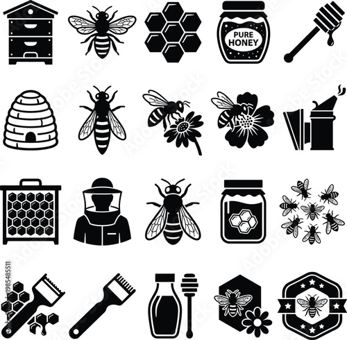 Set of black and white icons depicting beekeeping, honey production, bees, beehives, and related tools and products.