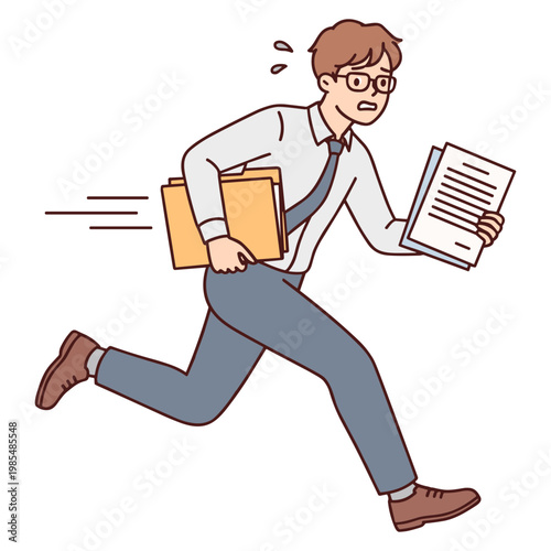 A stressed businessman runs quickly while holding papers and files.