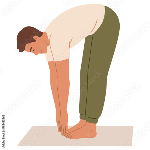 Man stretching forward on yoga mat in fitness studio with hands down