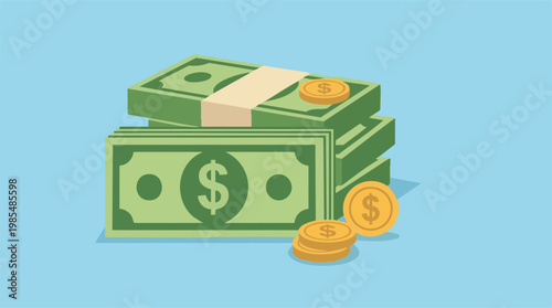 Stacks of dollar banknotes and gold coins on a light blue background