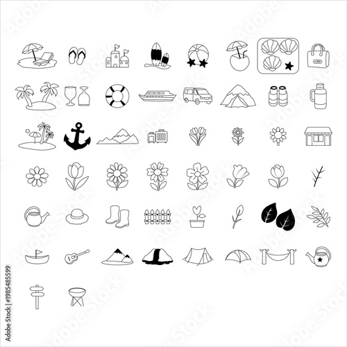A collection of black and white line art icons depicting various travel, nature, and leisure objects.