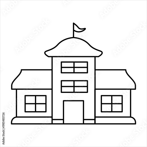 Simple black and white line art illustration of a school building with a flag on top, featuring a central two-story section and two single-story wings.
