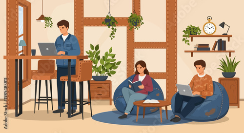 People working and studying in a modern coworking space.