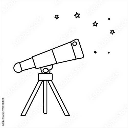A simple line art illustration of a telescope on a tripod observing stars in the night sky, perfect for educational or astronomy-themed designs.