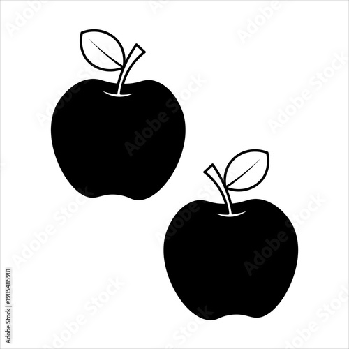 Two black silhouette apples with stems and leaves on a white background, simple graphic illustration.
