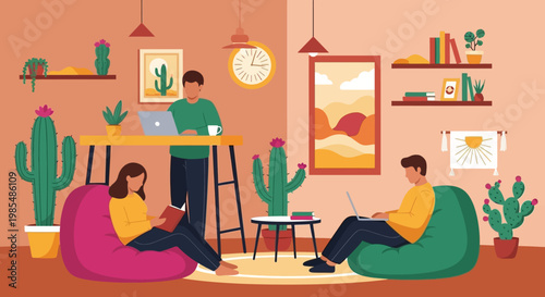 People working and relaxing in a modern coworking space.