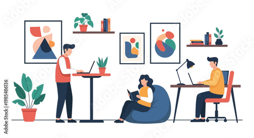 People working and studying in a modern co-working space.