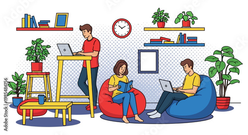 People working and studying in a modern coworking space.