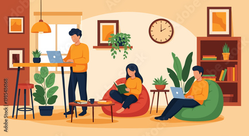 People working and relaxing in a modern co-working space.