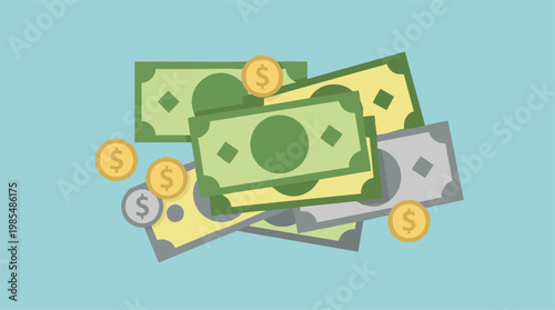 Flat illustration of a pile of money, banknotes and coins on blue background