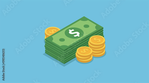 Stack of dollar banknotes and gold coins in isometric flat design