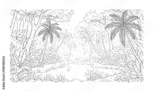 Lush jungle scene with palm trees and a tranquil pond forest