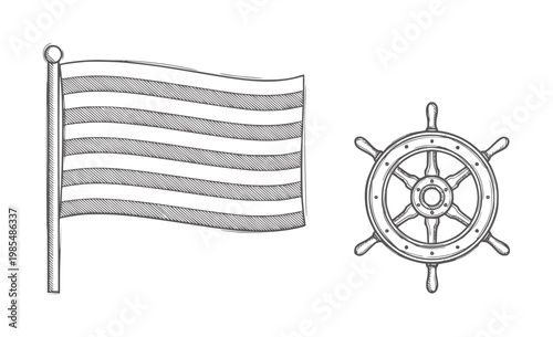 Nautical flag and ship wheel white helm