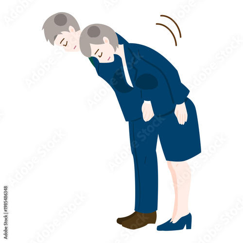 Businessman and businesswoman bowing in side view