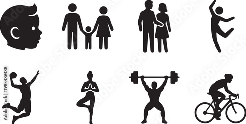 Fitness icons, workout symbols, exercise signs, sports graphics, 8 silhouette vector graphics