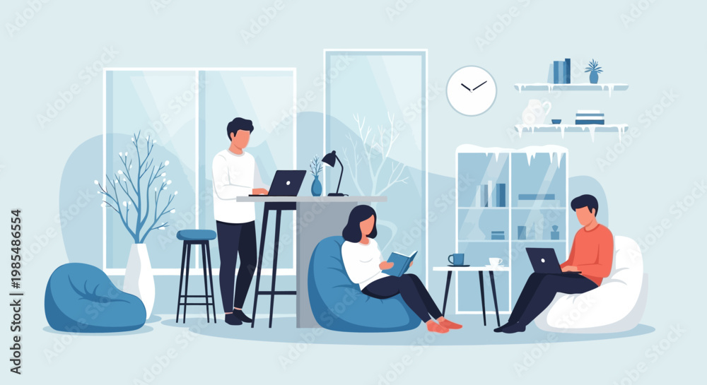 Fototapeta premium People working and relaxing in a modern co-working space.