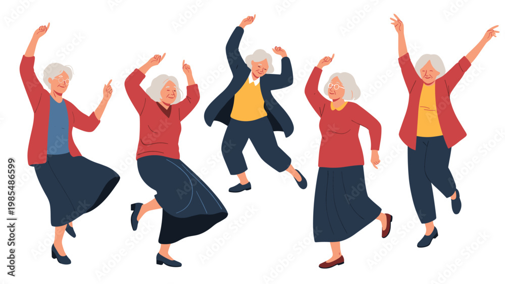 Fototapeta premium Multiple poses of an active elderly woman dancing happily in a red cardigan to illustrate themes of senior health, vitality, and joyful aging.
